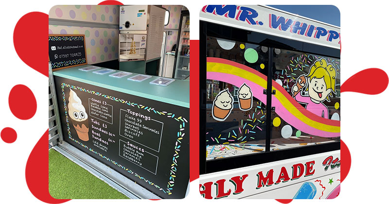 Chalkboard and window art for Wrexham ice cream van